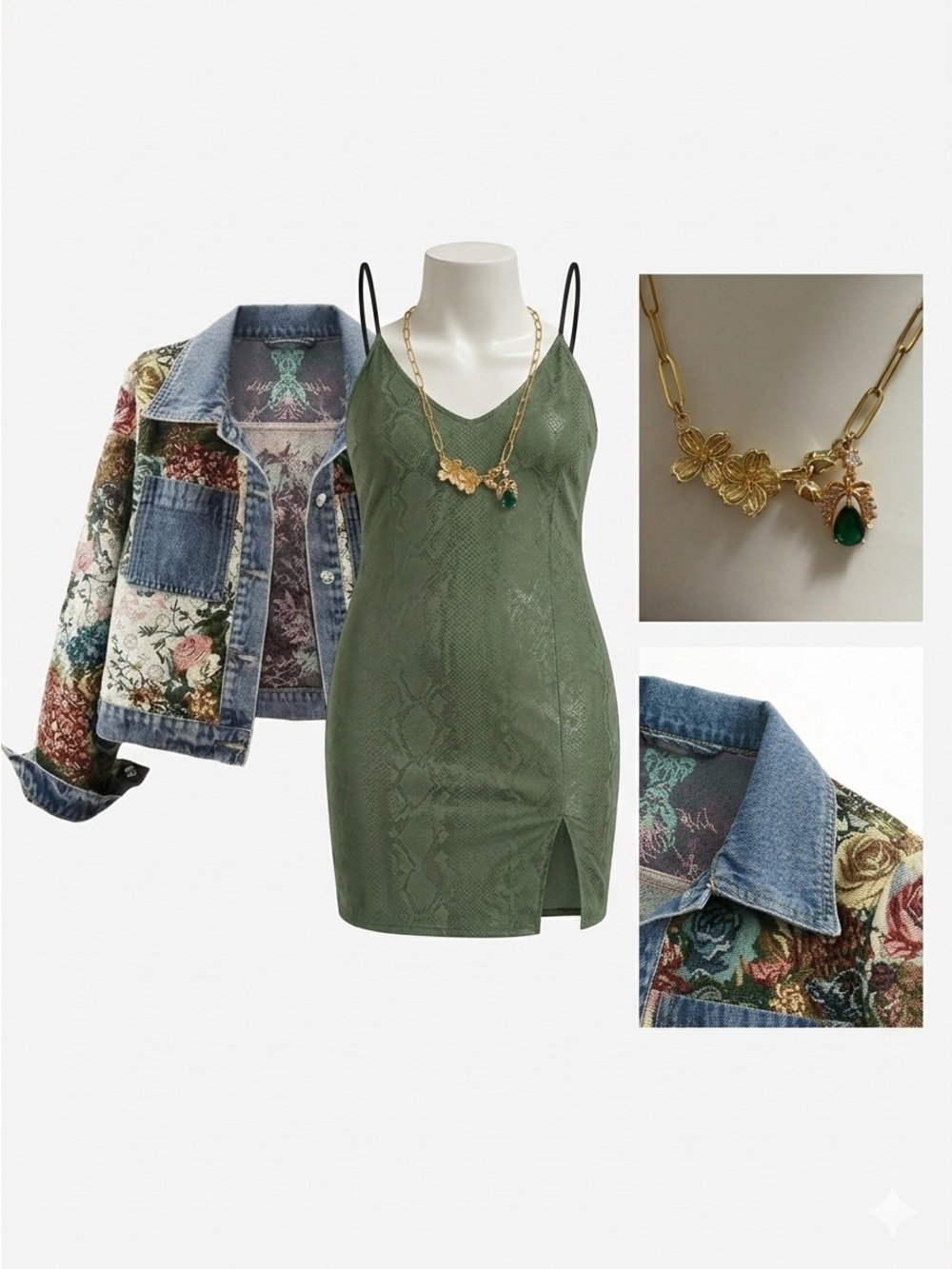 3 piece Slip Dress with Floral Denim Jacket & Gold Necklace